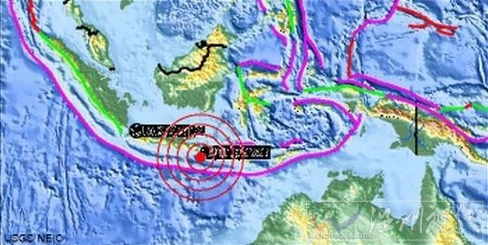 圖片顯示了巴厘島地震的震中。（圖片來源：美國地質勘探局）