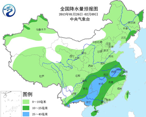 2013年1月26日至2月9日全國降水量預(yù)報圖