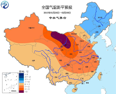 2013年1月26日至2月9日全國氣溫距平預(yù)報圖