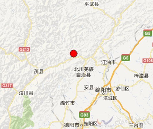 四川省北川縣3.9級(jí)地震震中位置