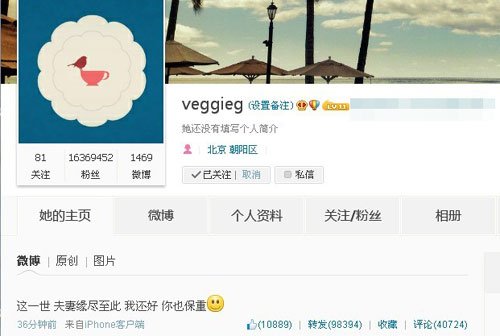 9月13日晚王菲發微博稱夫妻緣盡，疑似王菲和李亞鵬離婚