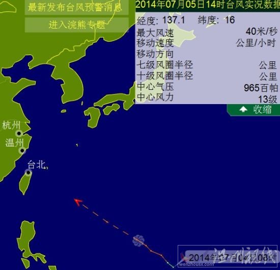 第8號臺風浣熊風速加強為40米/秒