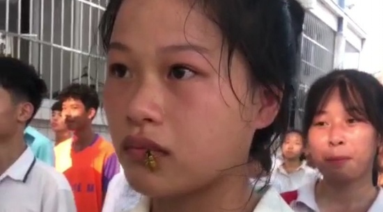 女生軍訓(xùn)被馬蜂爬嘴一動不動