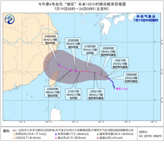 上海臺風煙花最新消息，7月19日預報路徑。